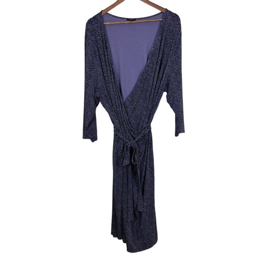 Talbots Faux Wrap Dress‎ 3X Purple Black Printed Midi Belted 3/4 Sleeve Stretch